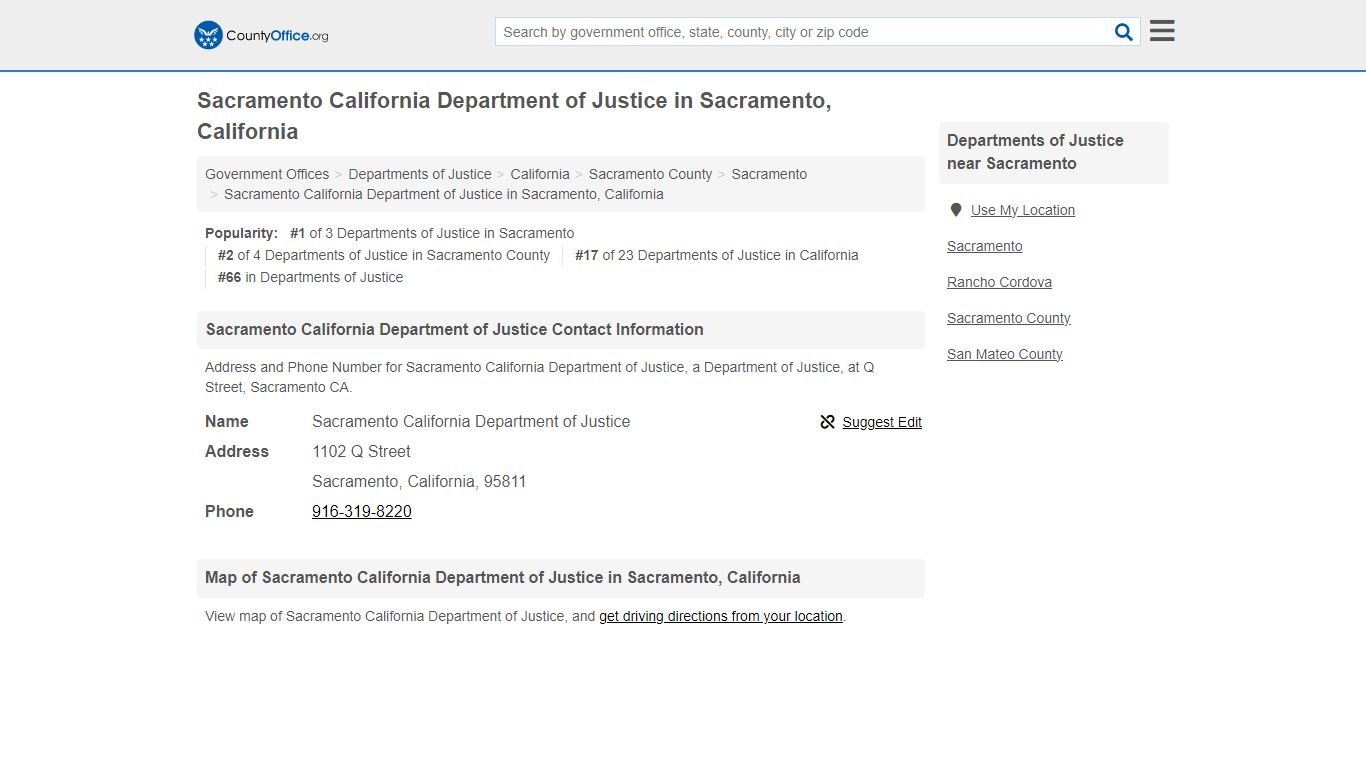 Sacramento California Department of Justice - County Office